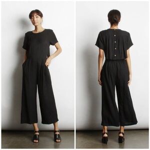 Mod Ref Black Kai Short Sleeve Wide Leg Jumpsuit Back Button Minimalist Pocket
